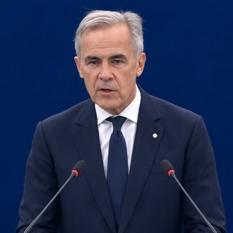Canadian Prime Minister Mark Carney addressing the European Parliament during talks on deeper Canada-European Union cooperation.