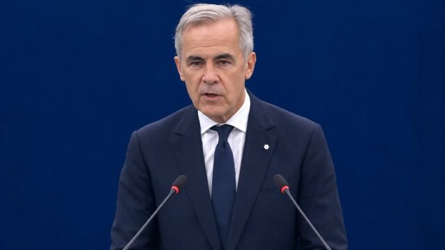 Canadian Prime Minister Mark Carney addressing the European Parliament during talks on deeper Canada-European Union cooperation.