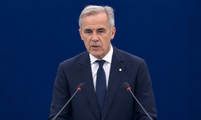 Canadian Prime Minister Mark Carney addressing the European Parliament during talks on deeper Canada-European Union cooperation.
